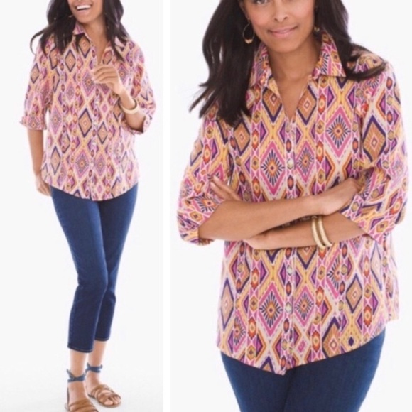 CHICOS Effortless No-Iron Ikat Linen Button Back Shirt - Picture 3 of 11